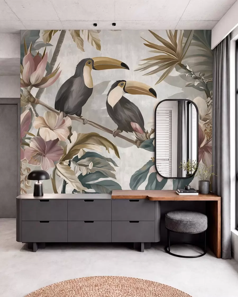 Fototapete ein Toucan-Paar inmitten tropischer Blumen und Blätter w05657