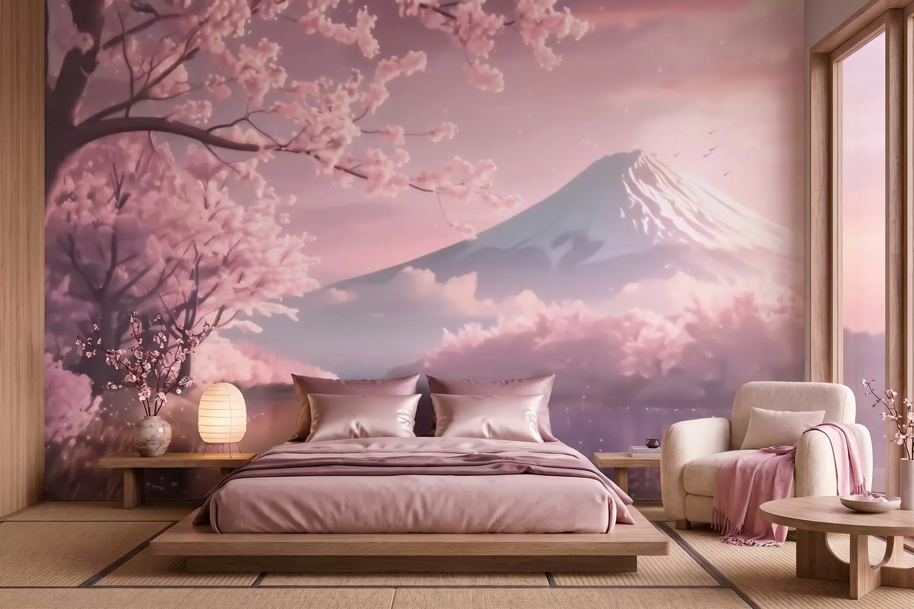 Fototapete Idyllische japanische Landschaft mit Kirschblüten und einem Bergsee bei Sonnenaufgang w09864