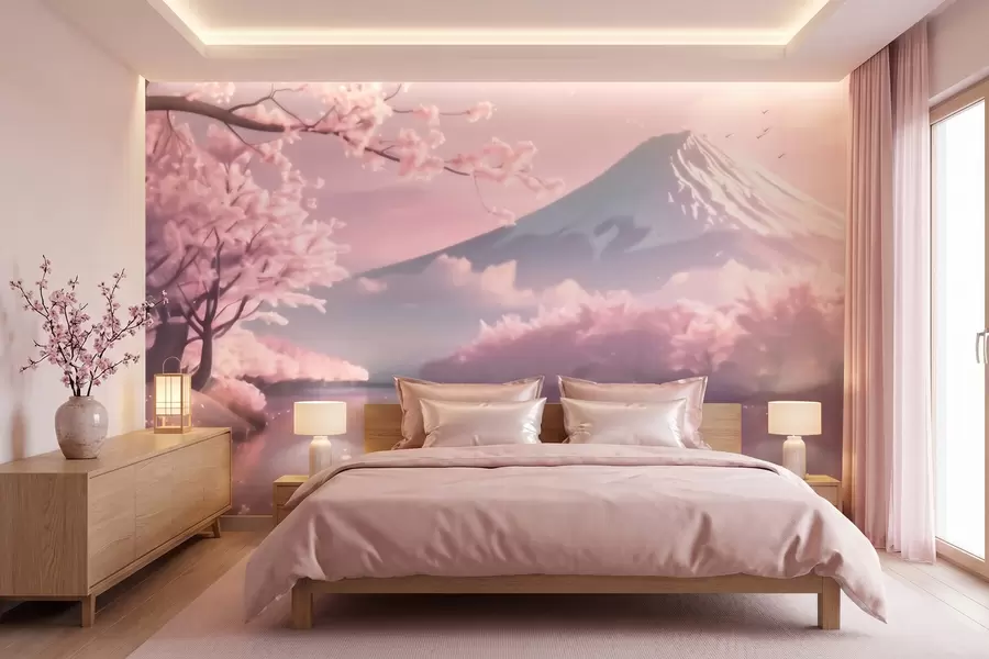 Fototapete Idyllische japanische Landschaft mit Kirschblüten und einem Bergsee bei Sonnenaufgang w09864