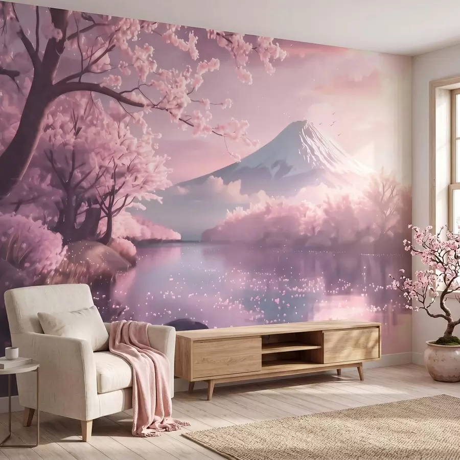 Fototapete Idyllische japanische Landschaft mit Kirschblüten und einem Bergsee bei Sonnenaufgang w09864
