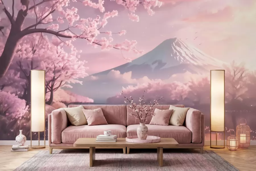 Fototapete Idyllische japanische Landschaft mit Kirschblüten und einem Bergsee bei Sonnenaufgang w09864