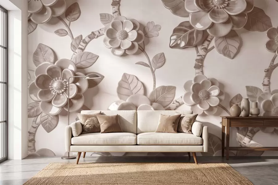 Fototapete Elegantes, beiges Arrangement aus plastisch gestalteten, dreidimensionalen Blumen w09887v1