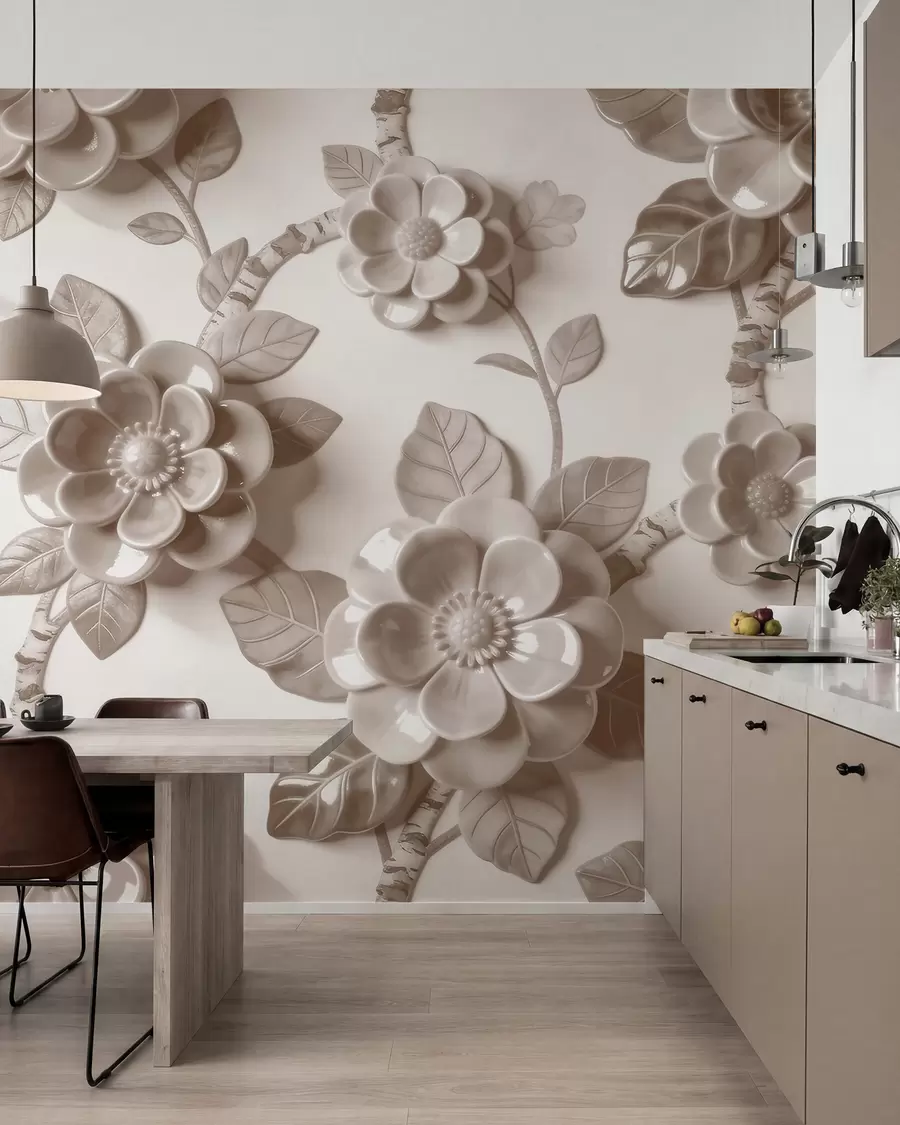 Fototapete Elegantes, beiges Arrangement aus plastisch gestalteten, dreidimensionalen Blumen w09887v1
