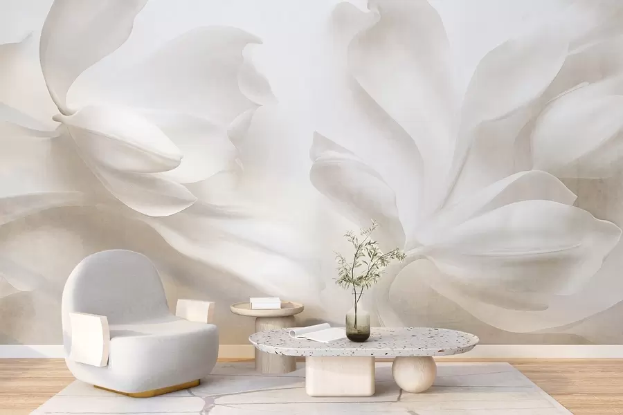 Fototapete Strukturierte weiße Magnolienblüten mit zarten Blütenblättern vor einem verschwommenen, hellen Hintergrund w09771