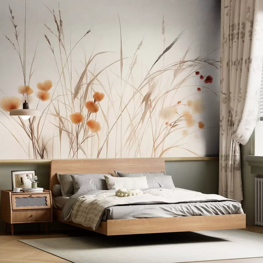 Fototapete Hohe Gräser und kleine orangefarbene Wildblumen vor einem blassen Hintergrund, strukturierter Boho-Stil w09902