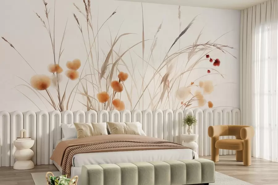 Fototapete Hohe Gräser und kleine orangefarbene Wildblumen vor einem blassen Hintergrund, strukturierter Boho-Stil w09902