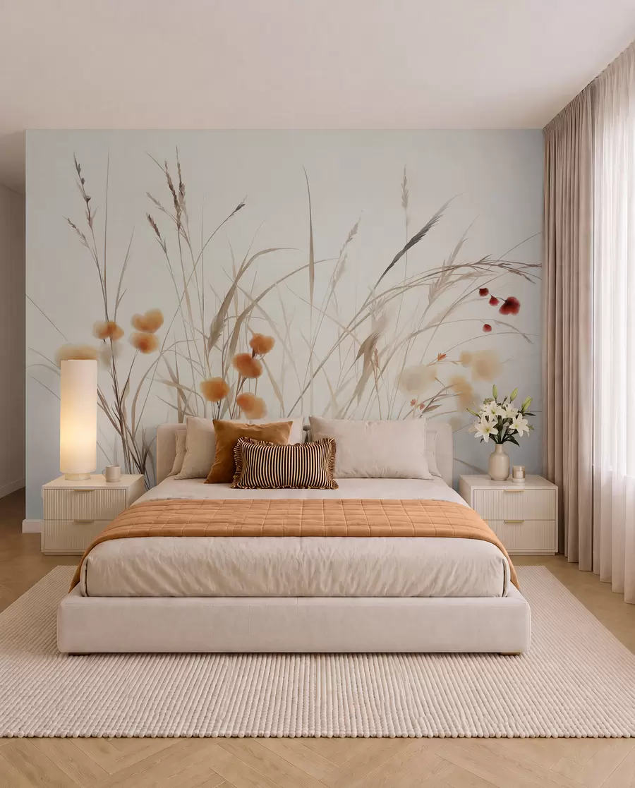 Fototapete Hohe Gräser und kleine orangefarbene Wildblumen vor einem blassen Hintergrund, strukturierter Boho-Stil w09902