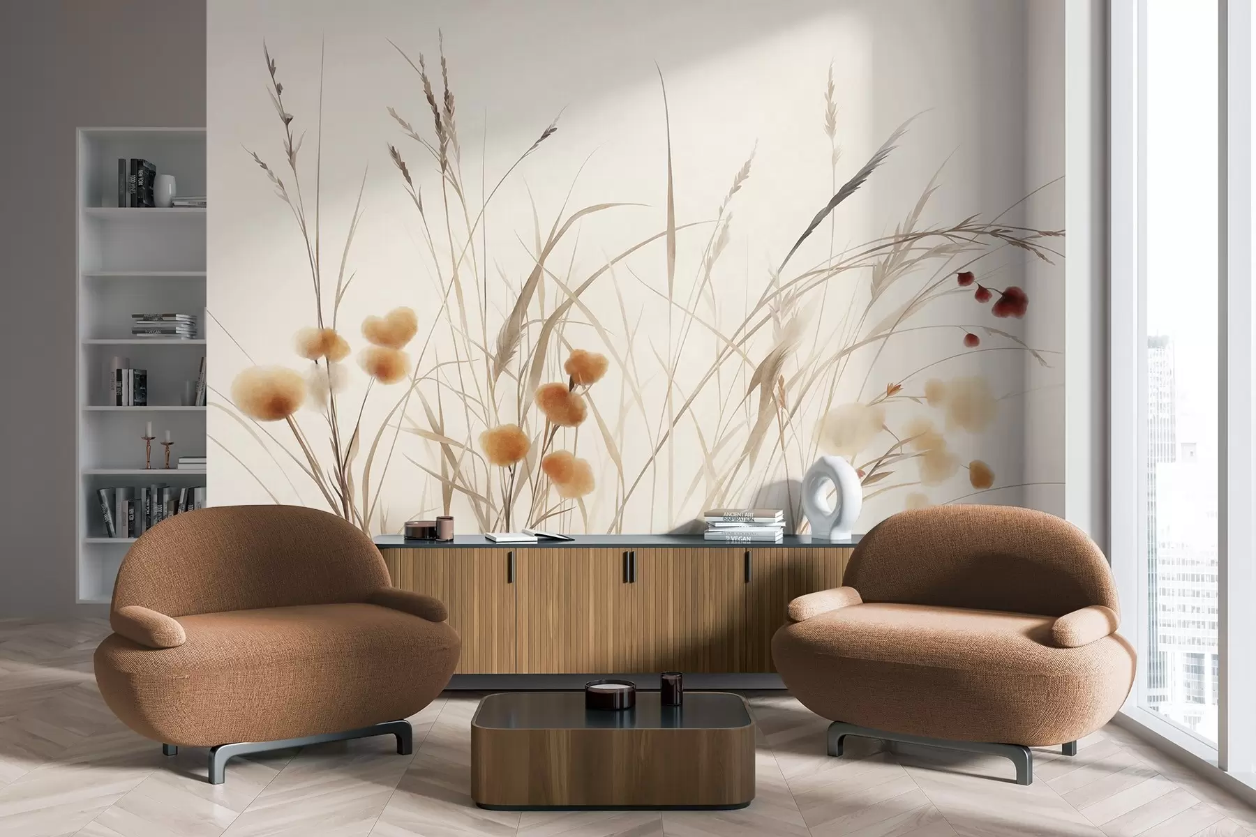 Fototapete Hohe Gräser und kleine orangefarbene Wildblumen vor einem blassen Hintergrund, strukturierter Boho-Stil w09902