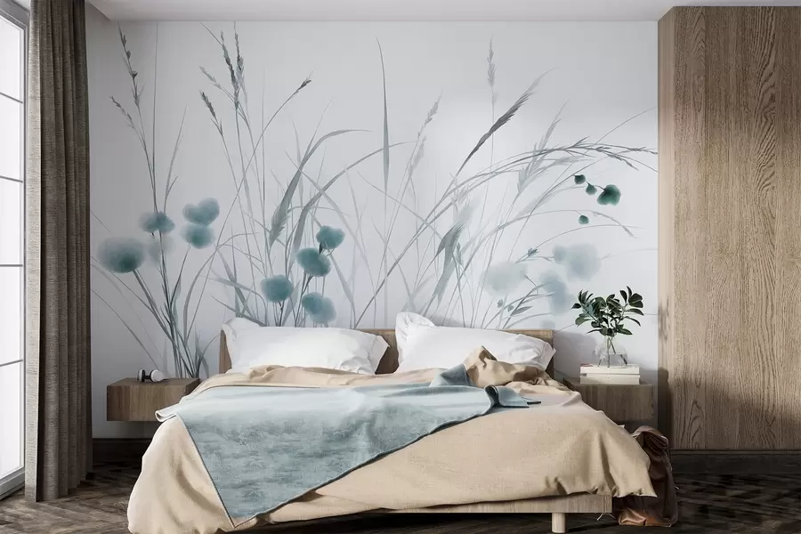 Fototapete Hohe Gräser und kleine blaue Wildblumen vor einem blassen Hintergrund, strukturierter Boho-Stil w09902v1