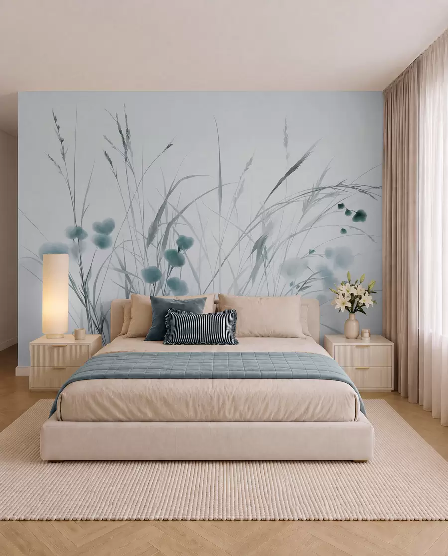 Fototapete Hohe Gräser und kleine blaue Wildblumen vor einem blassen Hintergrund, strukturierter Boho-Stil w09902v1
