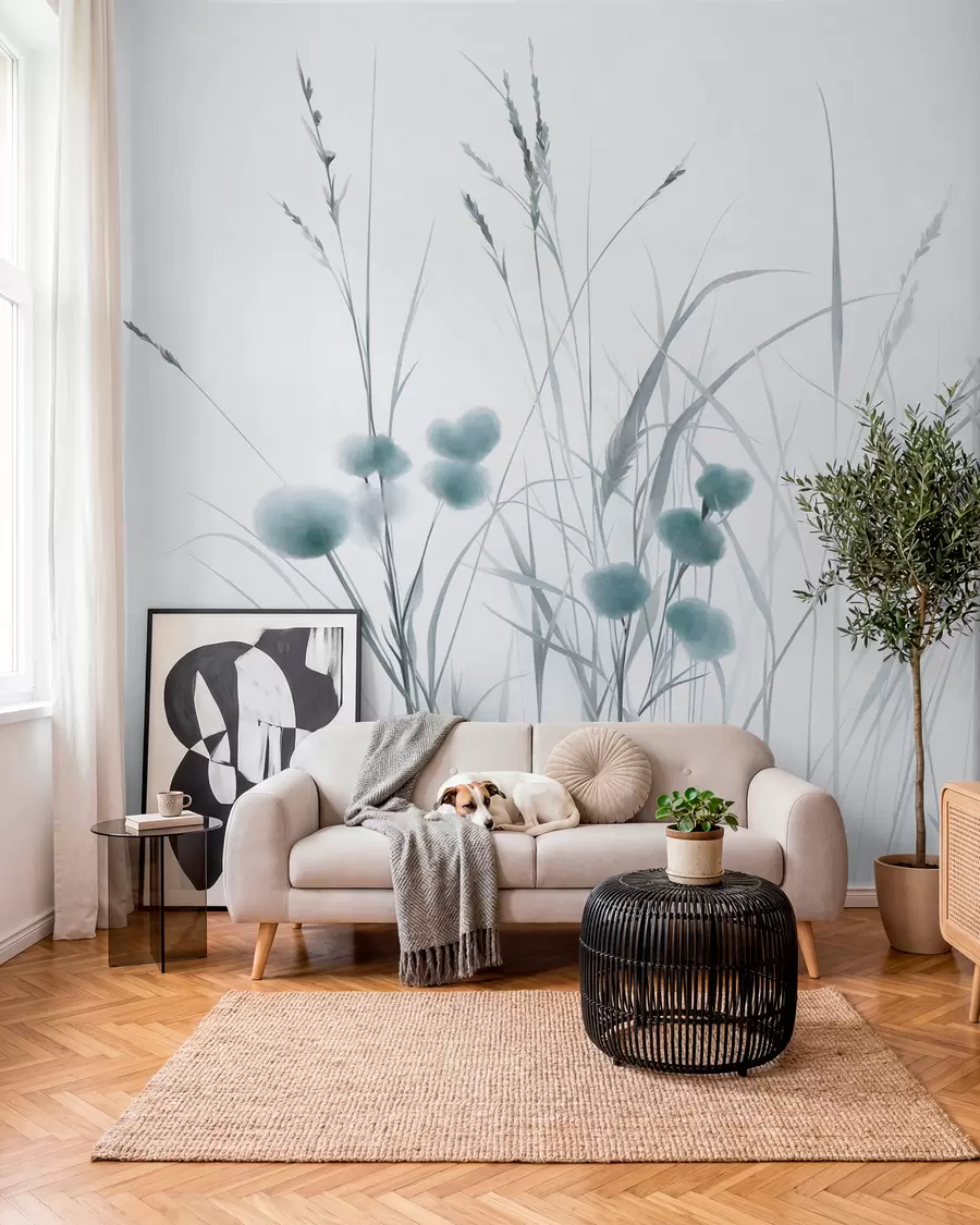 Fototapete Hohe Gräser und kleine blaue Wildblumen vor einem blassen Hintergrund, strukturierter Boho-Stil w09902v1