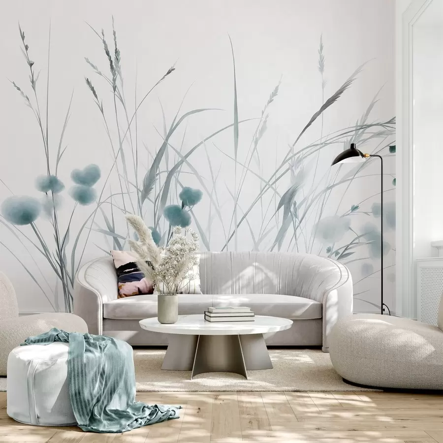 Fototapete Hohe Gräser und kleine blaue Wildblumen vor einem blassen Hintergrund, strukturierter Boho-Stil w09902v1