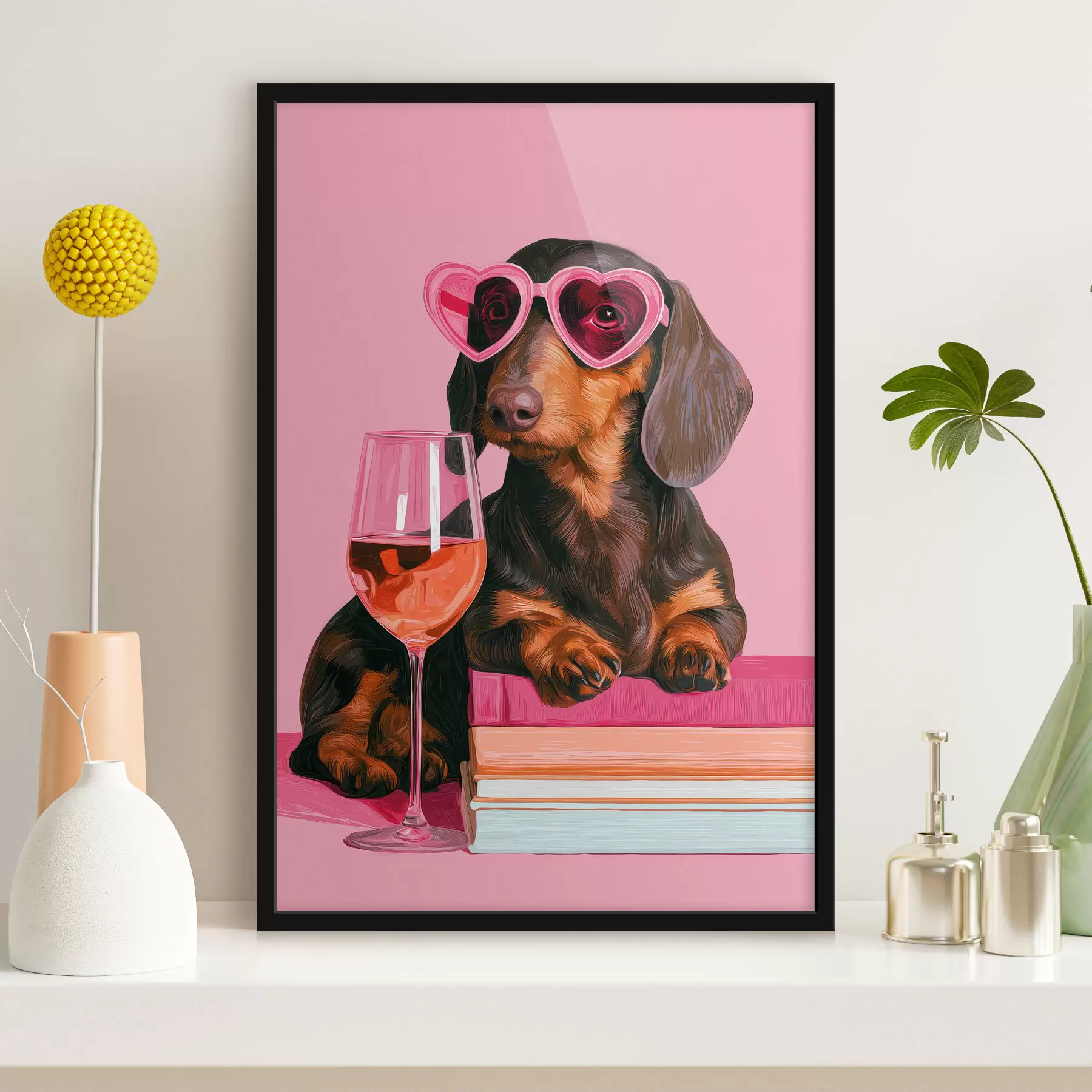 Fototapete Ein Dackel mit einer rosa Brille f49606