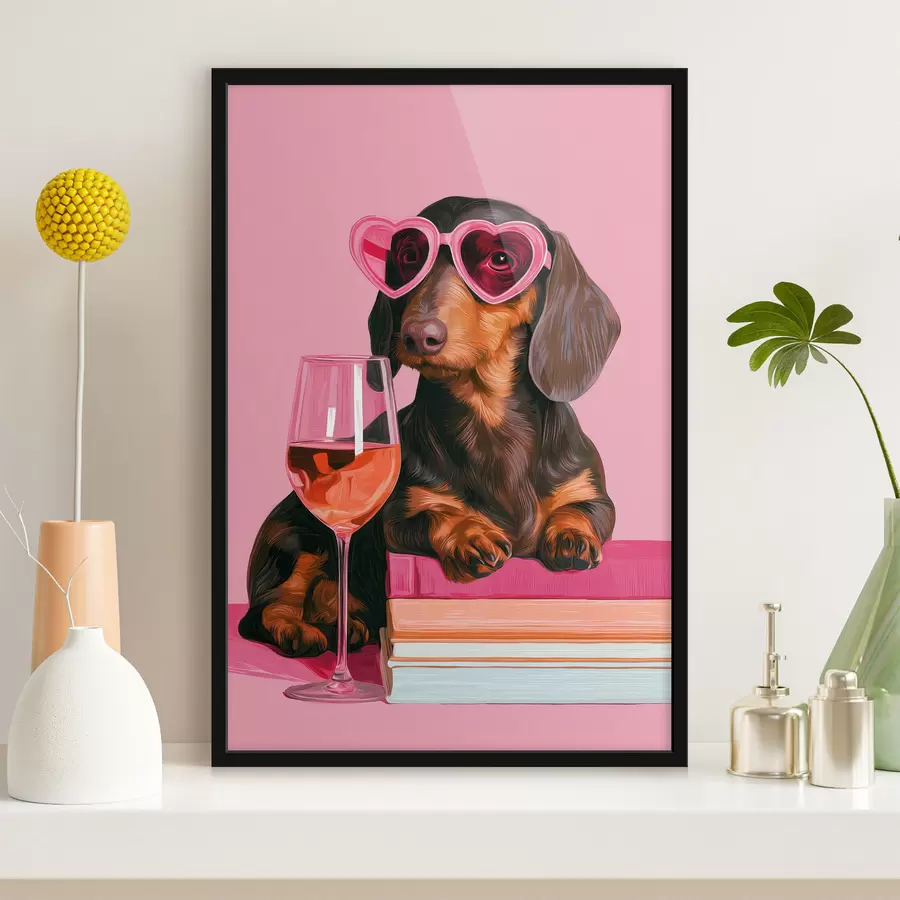 Fototapete Ein Dackel mit einer rosa Brille f49606