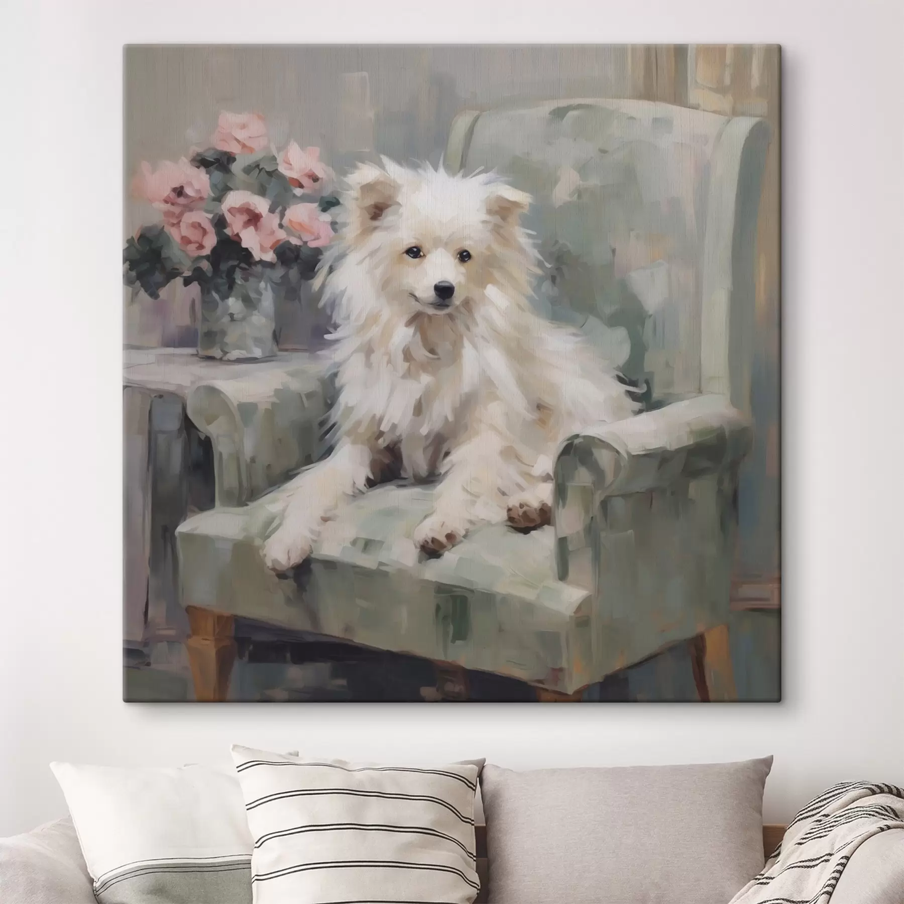 Fototapete Ein kleiner Hund auf einem Stuhl, Gemäldeimitation s49597