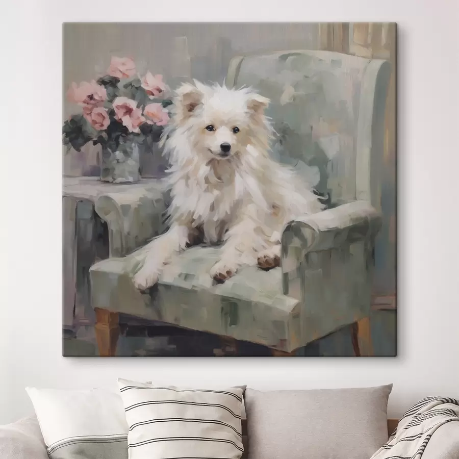 Fototapete Ein kleiner Hund auf einem Stuhl, Gemäldeimitation s49597