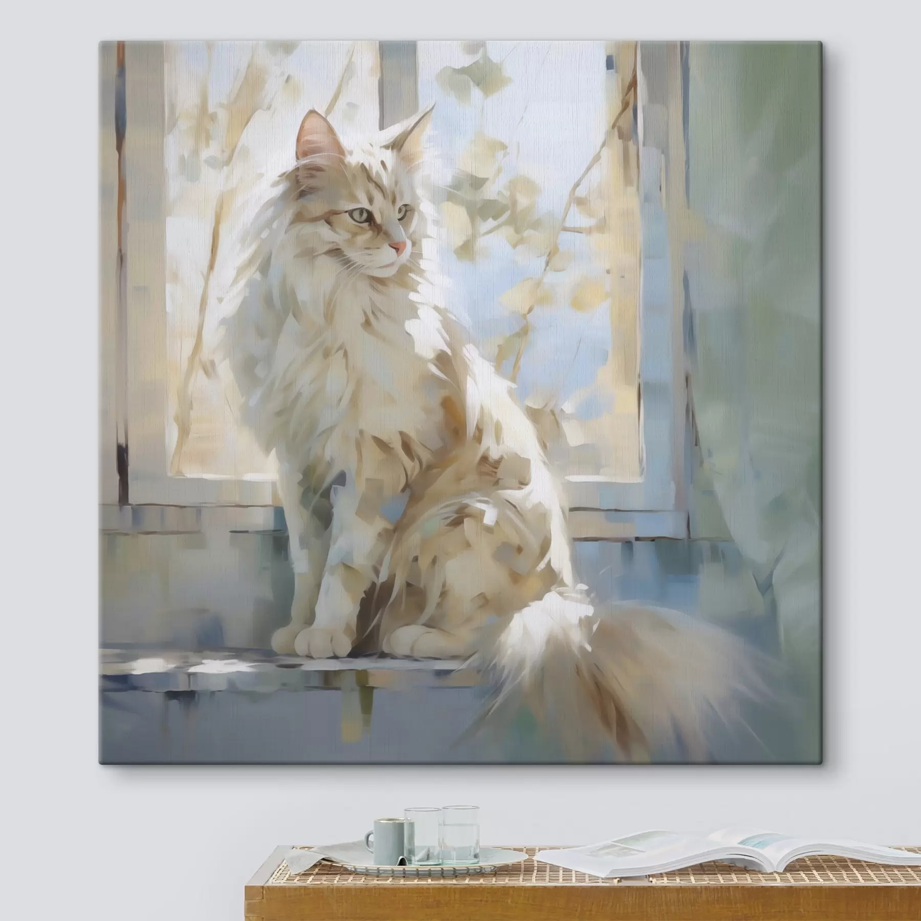 Fototapete Eine Katze auf der Fensterbank ist eine Nachahmung eines Gemäldes s49602