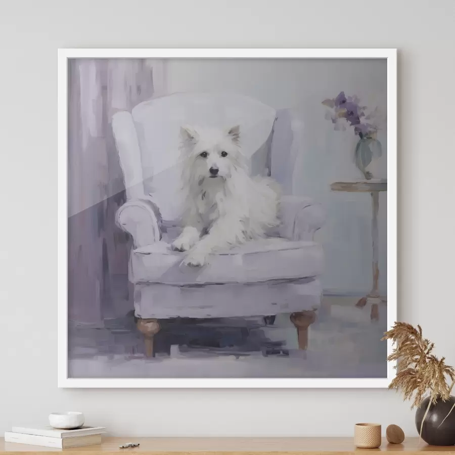 Fototapete Ein Hund auf einem Stuhl, Gemäldeimitation f49596
