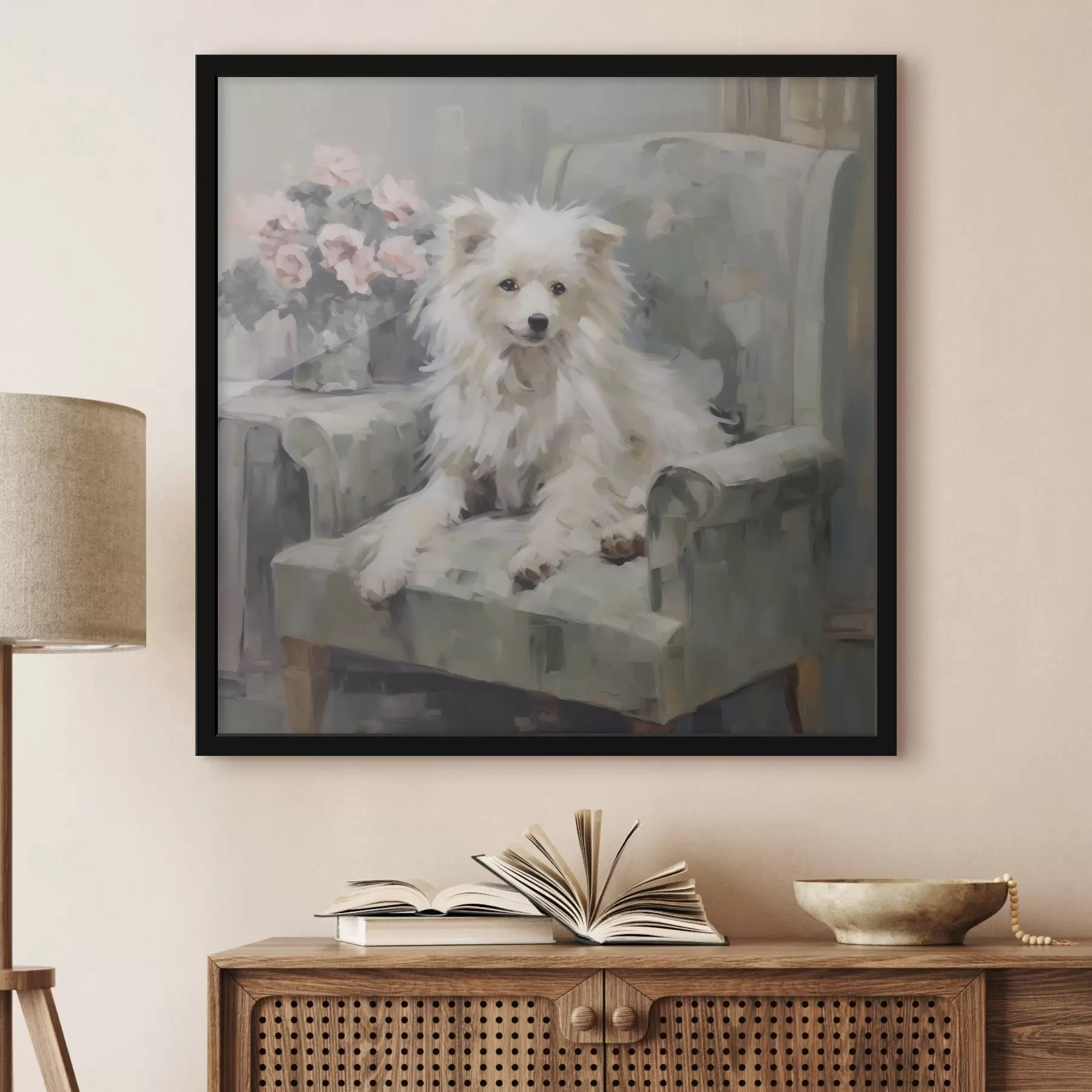 Fototapete Ein kleiner Hund auf einem Stuhl, Gemäldeimitation f49597