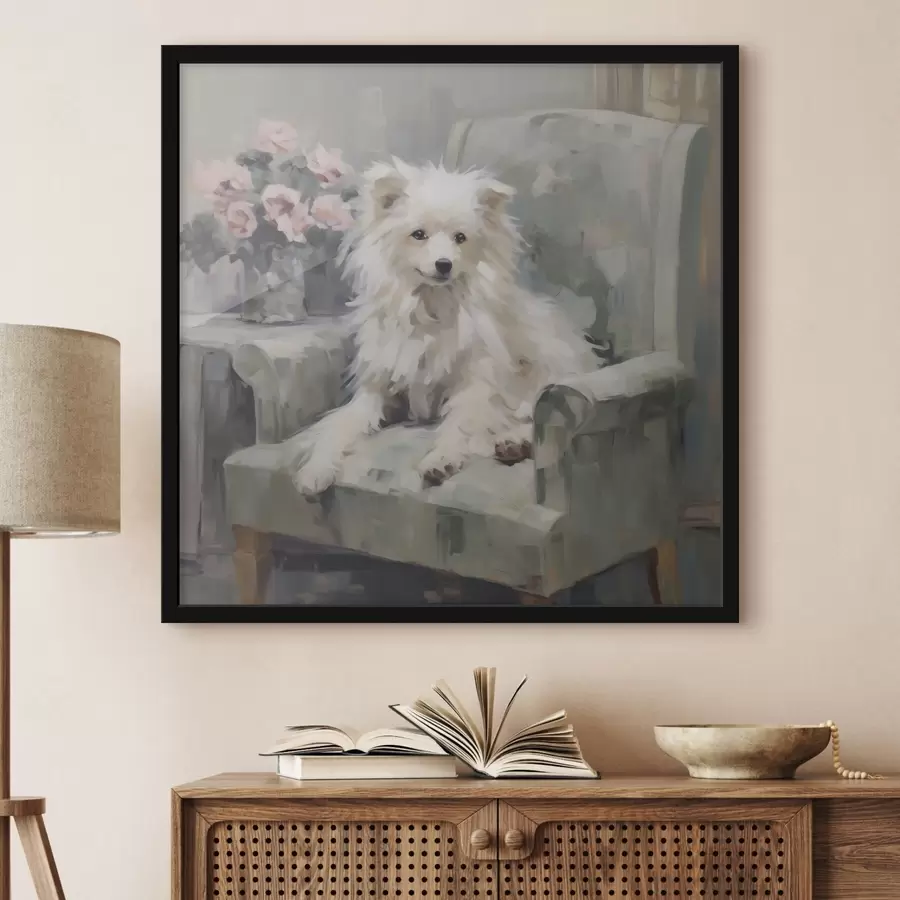 Fototapete Ein kleiner Hund auf einem Stuhl, Gemäldeimitation f49597