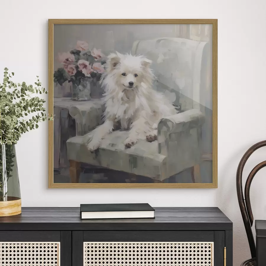 Fototapete Ein kleiner Hund auf einem Stuhl, Gemäldeimitation f49597