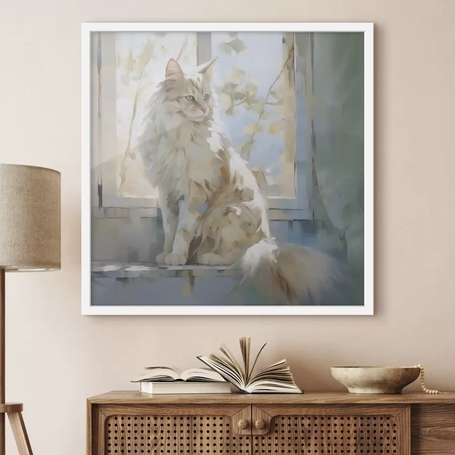 Fototapete Eine Katze auf der Fensterbank ist eine Nachahmung eines Gemäldes f49602
