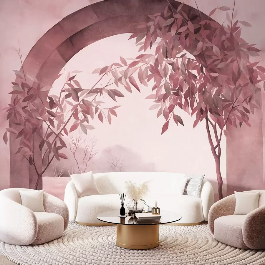 Fototapete Ein Bogen mit einer Landschaft, Bäumen und Laub in gedämpften Rosa- und Grautönen, strukturierte Kunst w09907v1