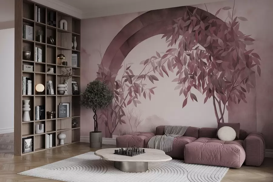 Fototapete Ein Bogen mit einer Landschaft, Bäumen und Laub in gedämpften Rosa- und Grautönen, strukturierte Kunst w09907v1