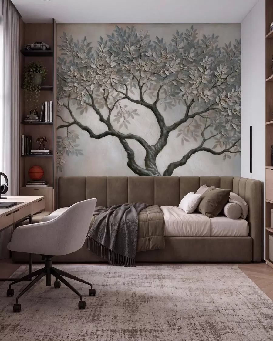 Fototapete Baum im Ölgemälde-Stil in ruhigen, natürlichen Grau-Beige-Tönen w09919