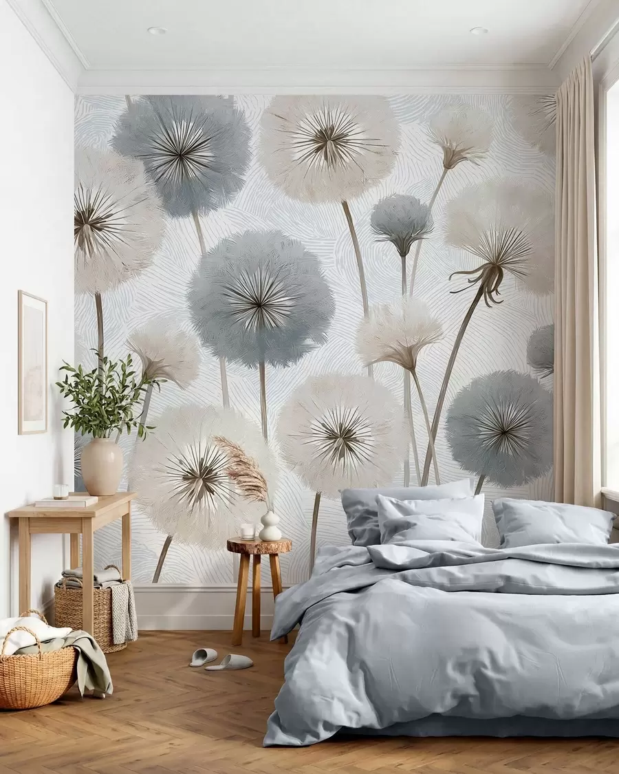 Fototapete Luftige, flauschige Löwenzahnblüten in sanften Naturtönen w09936