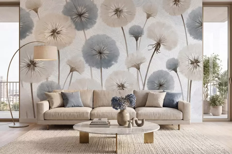 Fototapete Luftige, flauschige Löwenzahnblüten in sanften Naturtönen w09936