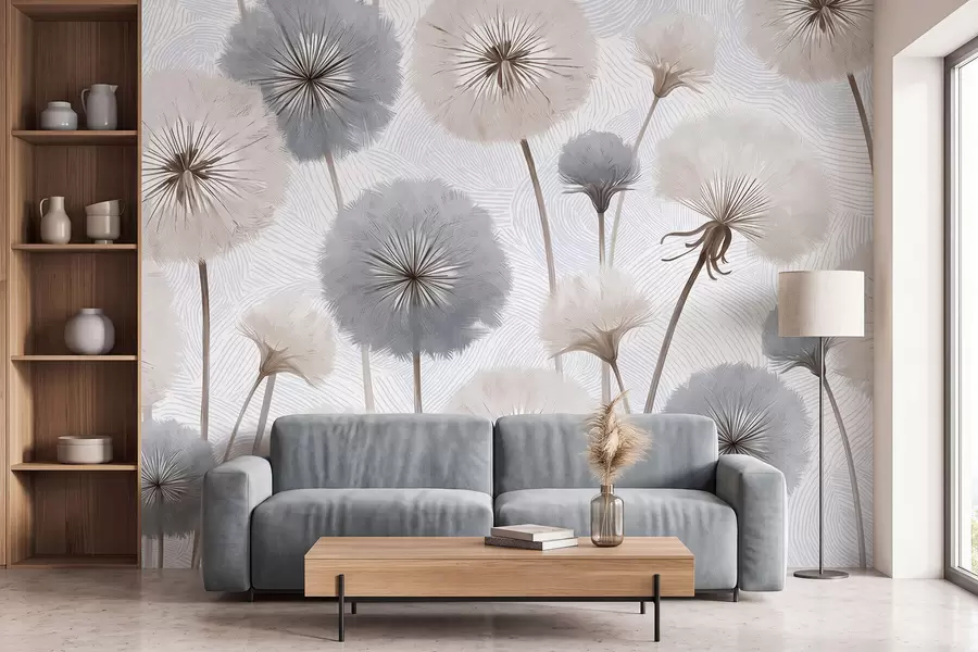 Fototapete Luftige, flauschige Löwenzahnblüten in sanften Naturtönen w09936