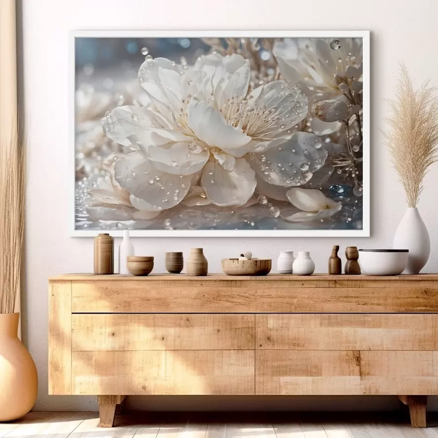 Fototapete Nahaufnahme einer weißen Blume mit Wassertropfen f49355