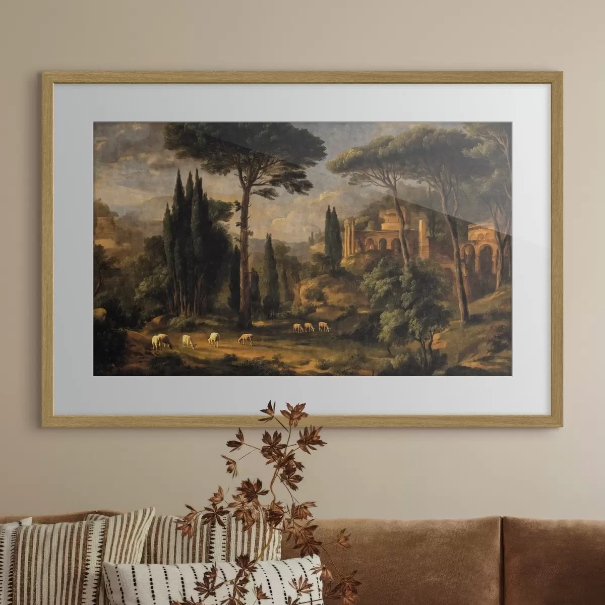 Poster Klassische Landschaft mit Bäumen, Ruinen und Schafen f49674