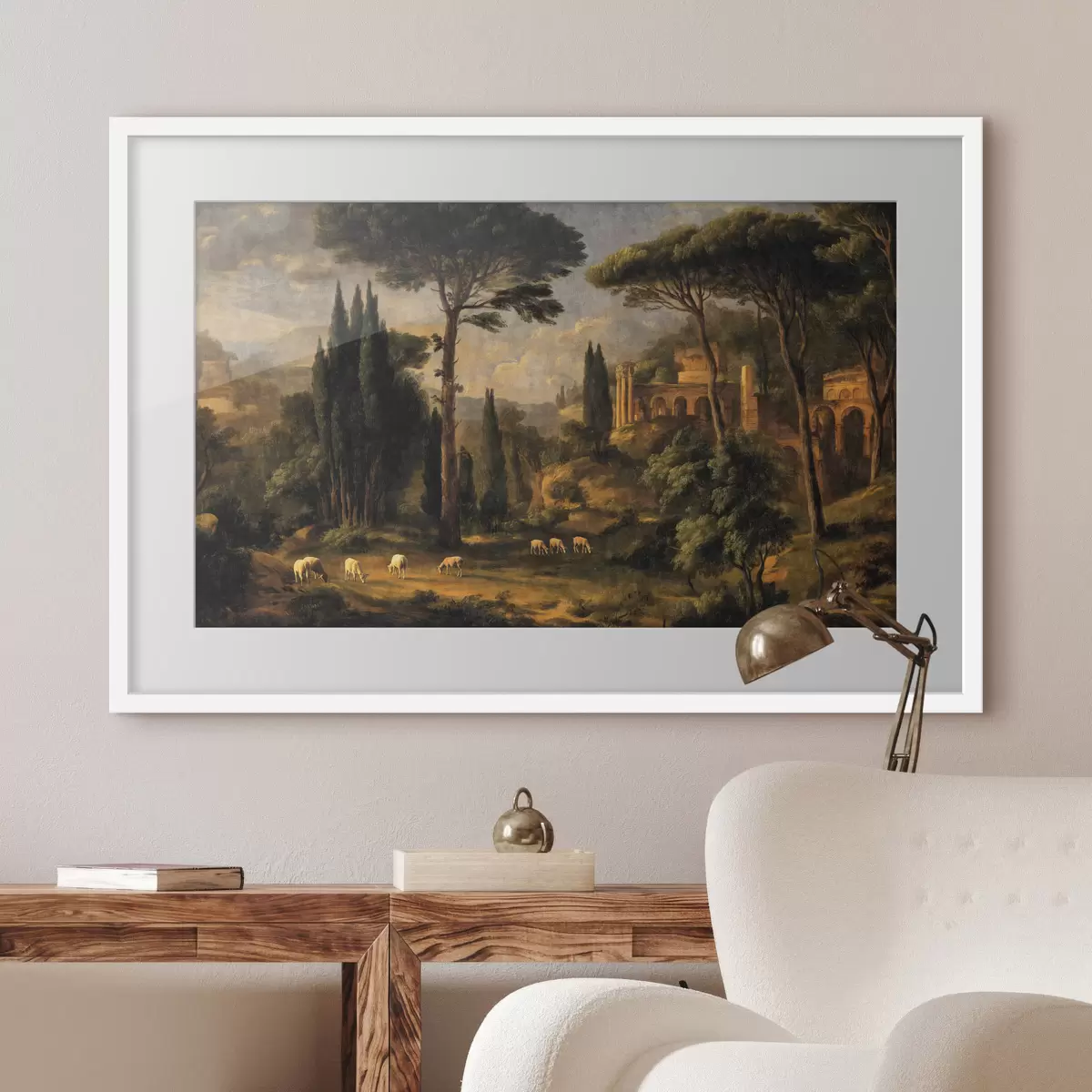 Poster Klassische Landschaft mit Bäumen, Ruinen und Schafen f49674