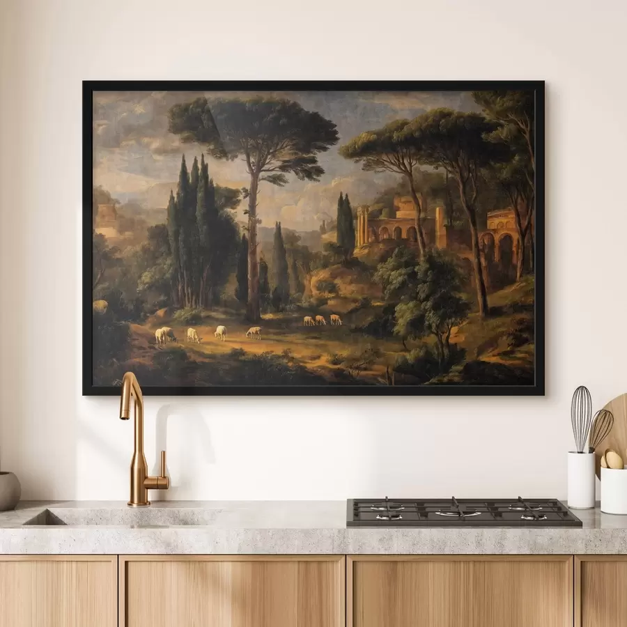 Fototapete Klassische Landschaft mit Bäumen, Ruinen und Schafen f49674