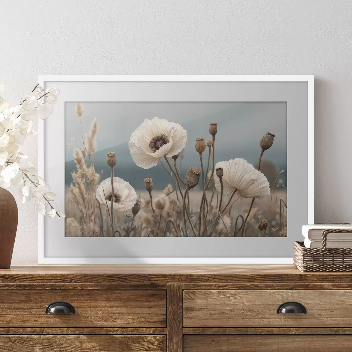 Poster Helle Mohnblumen mit Samenkapseln f49691