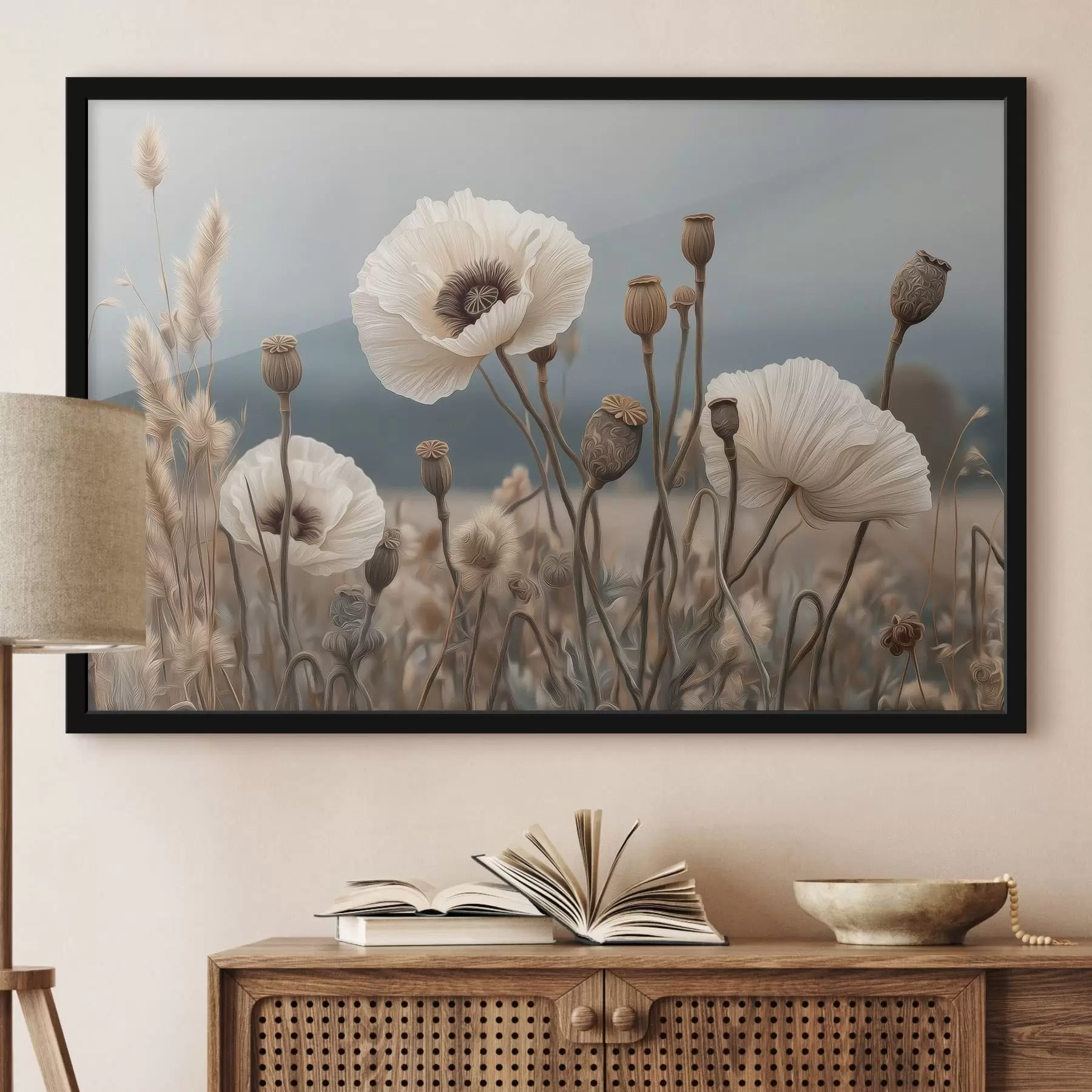 Fototapete Helle Mohnblumen mit Samenkapseln f49691