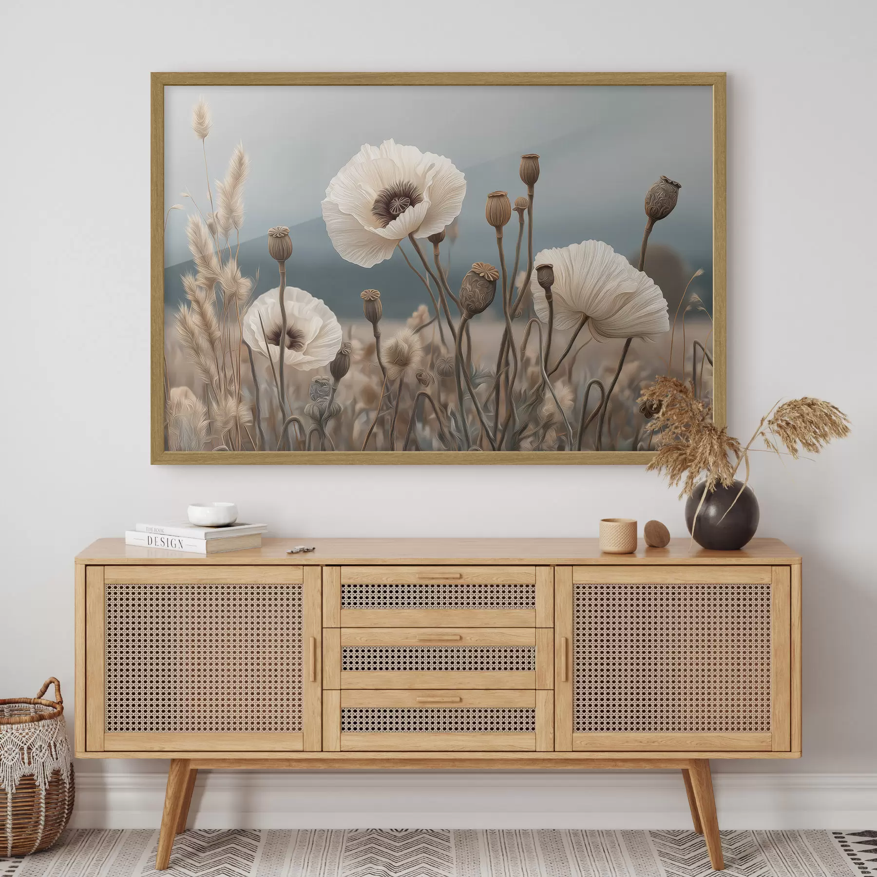 Fototapete Helle Mohnblumen mit Samenkapseln f49691