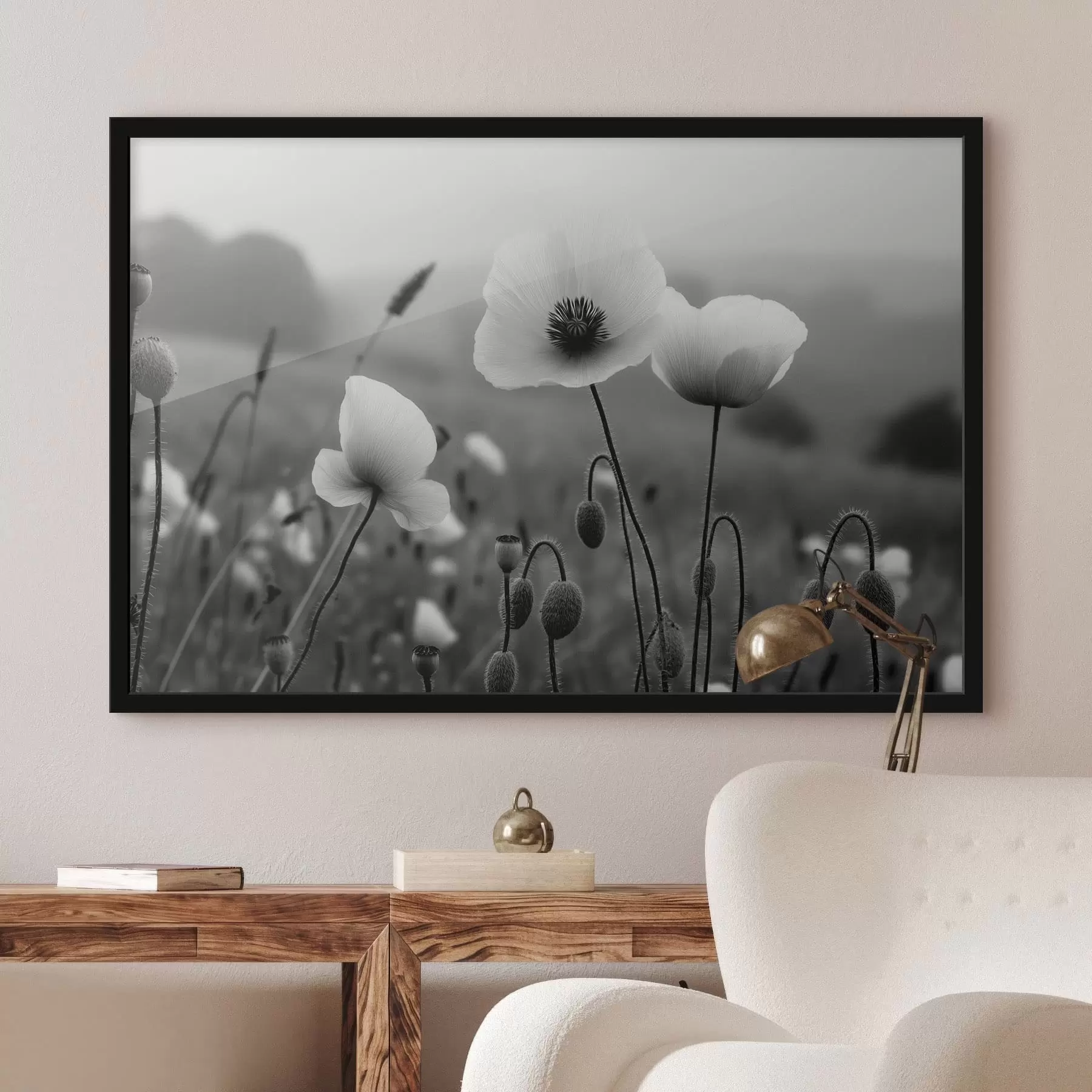 Fototapete Schwarz-weiße Mohnblumen vor einem verschwommenen Hintergrund f49692