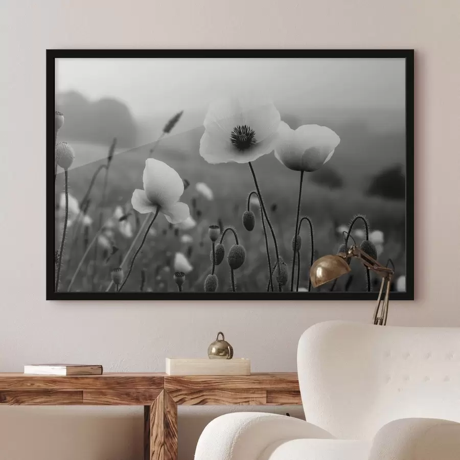 Fototapete Schwarz-weiße Mohnblumen vor einem verschwommenen Hintergrund f49692