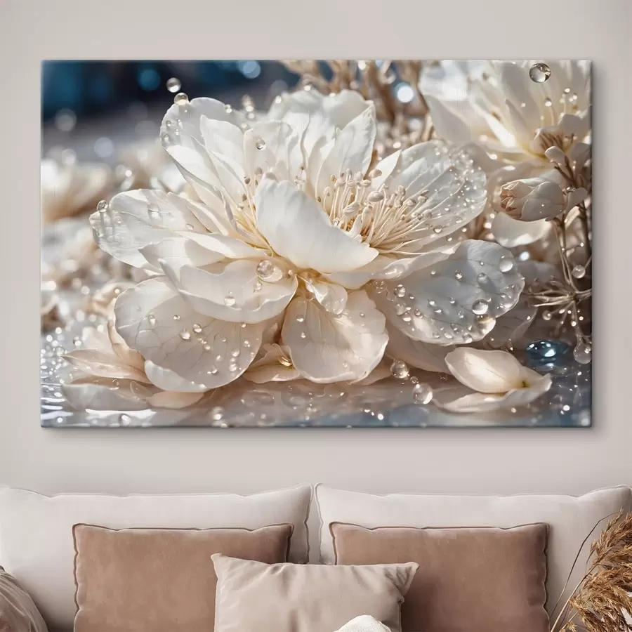 Fototapete Nahaufnahme einer weißen Blume mit Wassertropfen s49355