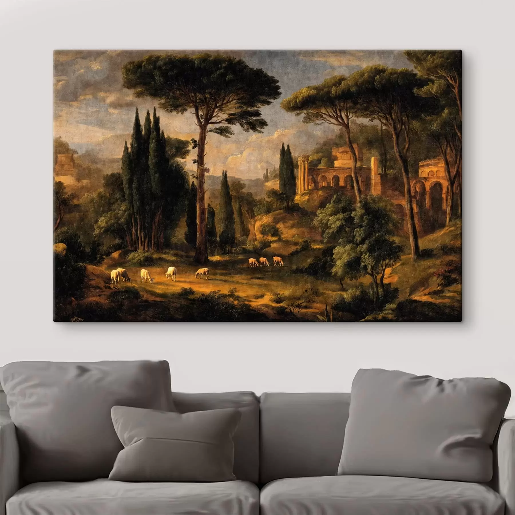 Fototapete Klassische Landschaft mit Bäumen, Ruinen und Schafen s49674