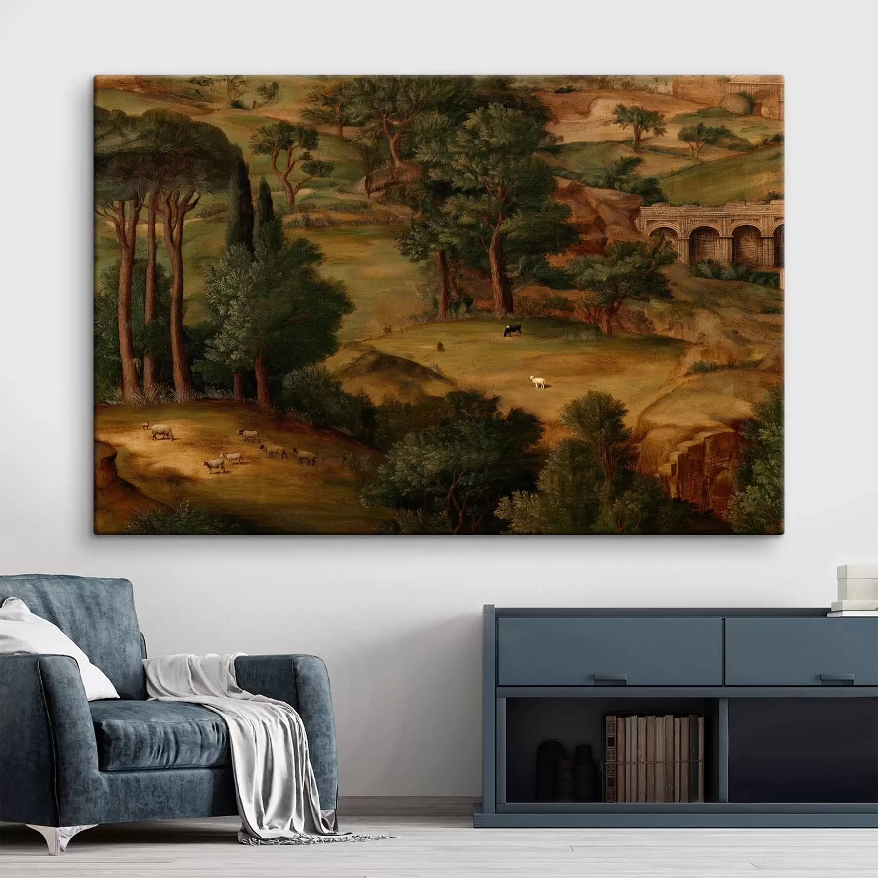 Fototapete Ländliche Landschaft mit Bäumen und antiken Ruinen s49675