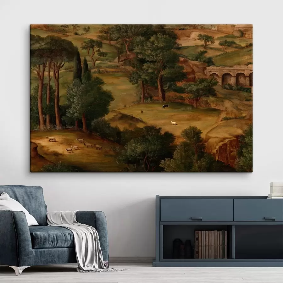 Fototapete Ländliche Landschaft mit Bäumen und antiken Ruinen s49675