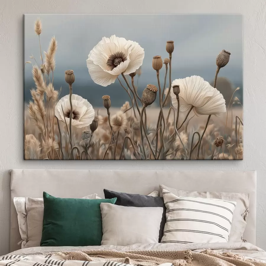 Fototapete Helle Mohnblumen mit Samenkapseln s49691