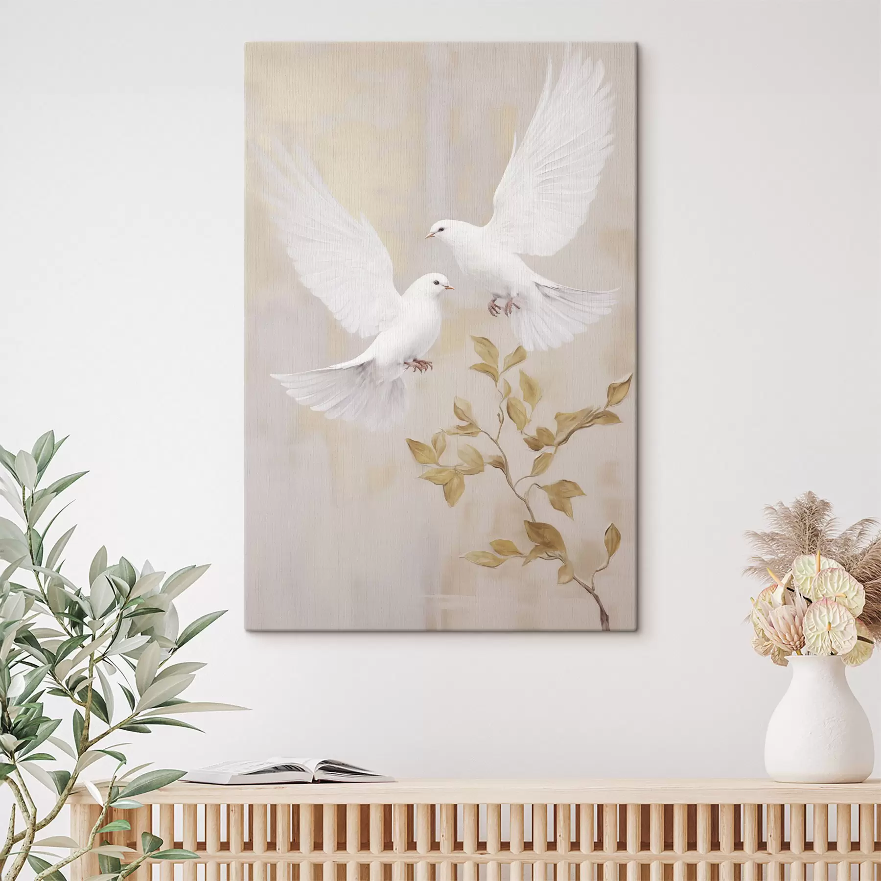 Fototapete Ein weißer Vogel in der Nähe eines Astes mit hellbraunen Blättern, gedämpfter Hintergrund s49764