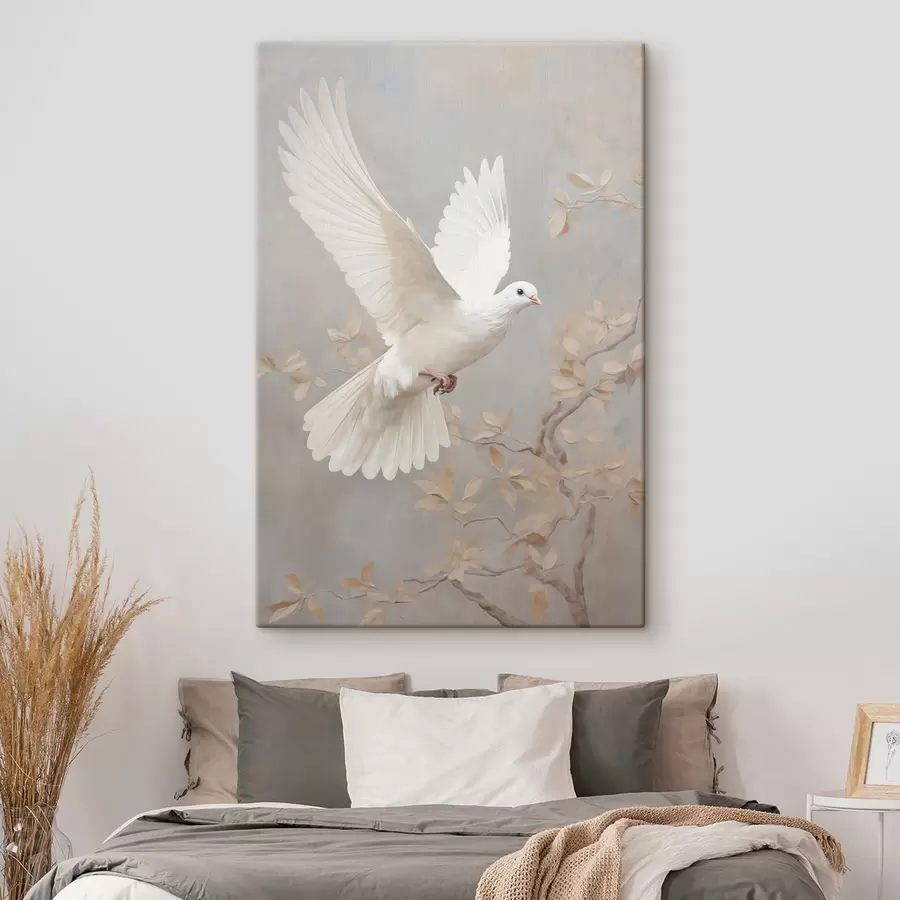 Fototapete Ein weißer Vogel in der Nähe eines Astes mit hellbraunen Blättern, dezenter Hintergrund s49763