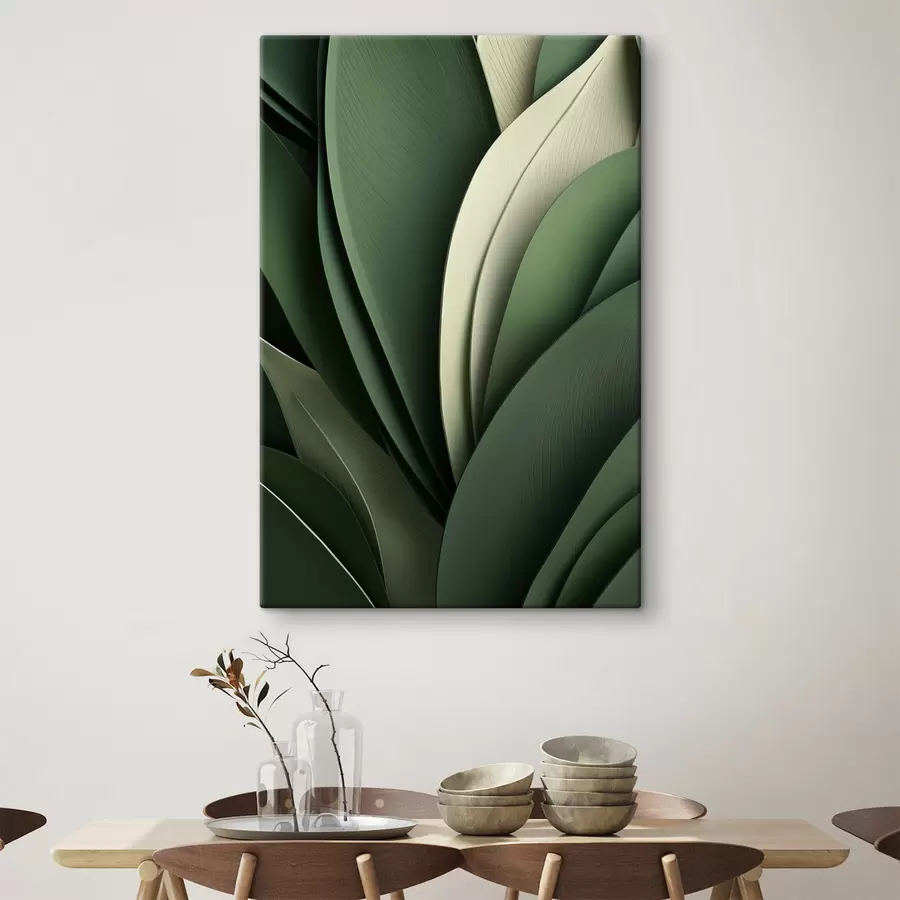 Fototapete Abstrakte, mehrschichtige grüne Blätter mit dezenten cremefarbenen Akzenten s49765