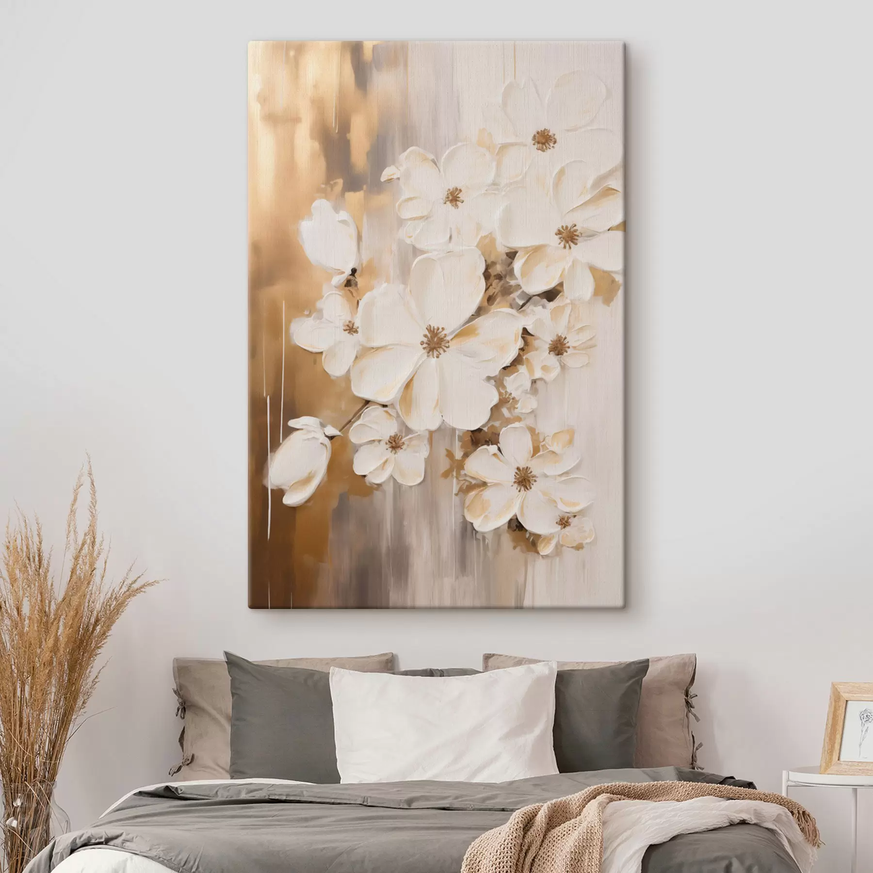 Fototapete Weiße Blumen vor einem strukturierten Hintergrund, im Malstil s49767